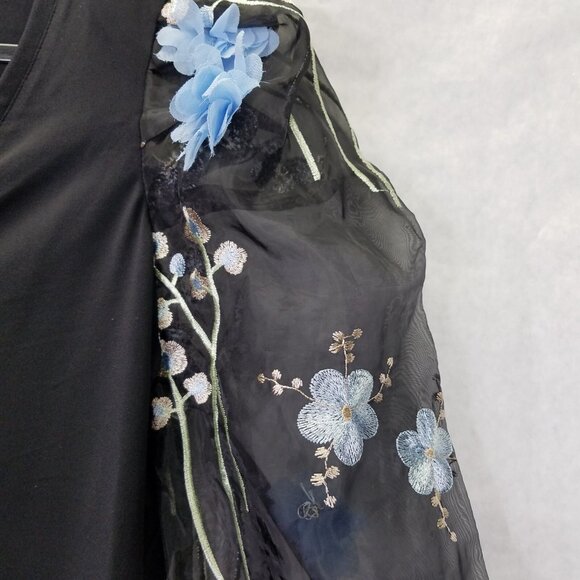 Boston Proper Blouse Sz L 3-D Floral Embellished Organza Sheer Puff Sleeve Black - Picture 10 of 16